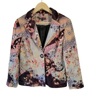 BOHO CHIC Womens Jacket  Blazer Colorful Floral Patchwork Bohemian L Cottagecore